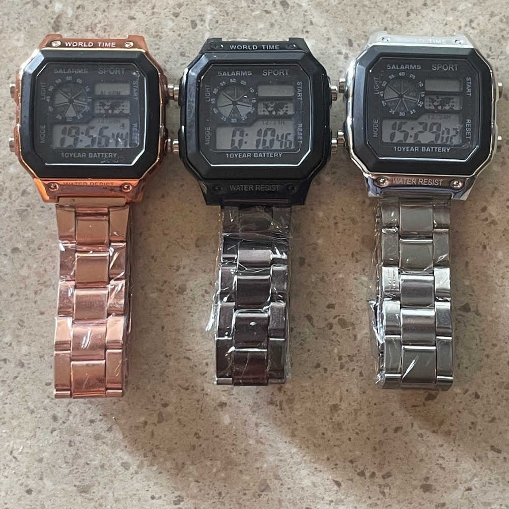 3-Pack Digital Sport Watches- Black,Silver,Rose Gold Never Used